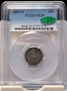 1867-S シーテッド リバティ ダイム 10c PCGS VF20 CAC オリジナル ダイム