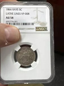 1866 シールド ニッケル レイ、PCGS AU58 タイプ コイン vp-008 旋盤ライン