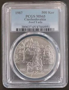 チェコスロバキア シルバー UNC 500 コルン コイン 1987 年 KM#136 ジョゼフ ラダ PCGS MS65