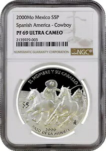 メキシコ 5 ペソ 2000、NGC PF69 UC、「スパニッシュ アメリカ - カウボーイ」銀貨