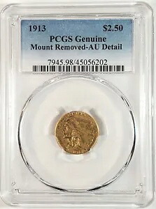 1913 $2.50 ゴールド 米国クォーター インディアン コイン PCGS 純正マウント取り外し AU 詳細