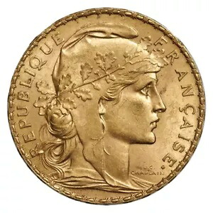 フランス ゴールド 20 フラン ルースター コイン 平均円周 - ランダム年 (0.1867 オンス)