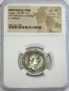 98 -117 AD フェニキア タイヤ トラヤヌス AR トリドラクム メルカート コイン NGC 非常に細かい選択