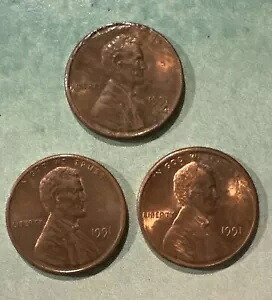 1991 リンカーン記念館ペニー、造幣局マークなし、1 セント硬貨 3 枚セット
