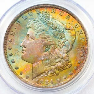 1884-O PCGS MS64 CAC MORGAN $ 素晴らしい鮮やかなレインボー調色 (ビデオ)