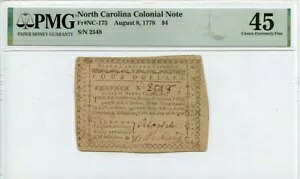 1778 年 8 月 8 日 $4 ノースカロライナ コロニアル ノート NC-175 PMG EF45