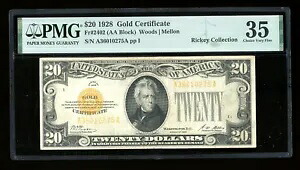 DBR 1928 $20 ゴールド証明書 Fr. 2402 PMG 35 シリアル A36010275A
