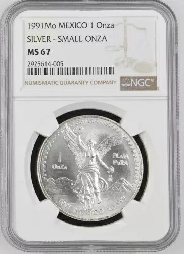 1991 メキシコ 1 オンス シルバー リベルタ ??タイプ 2?? OnZa MS-67 NGC ??わずか 50,000 鋳造??