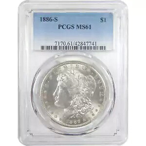 1886 S モーガン ドル MS 61 PCGS シルバー 未流通 $1 コイン SKU:I17336