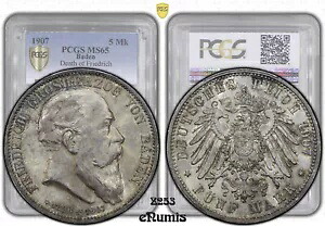 ドイツ、バーデン、フリードリヒ 1 世、1907 年マーク 5、フリードリヒの死、PCGS MS 65