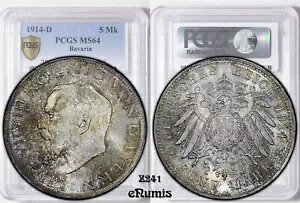 ドイツ、バイエルン、ルートヴィヒ 3 世、5 マーク 1914、きれいに調色、PCGS MS 64
