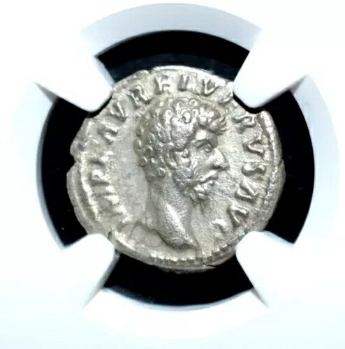 ルシウス・ヴェルス、AD 161-169、AR デナリウス、NGC、ストライク 5/5。-----461------