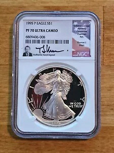 1995 P $1 シルバー イーグル NGC PF 70 ウルトラ カメオ トーマス J. ウラム サイン入りフラッグ ラベル