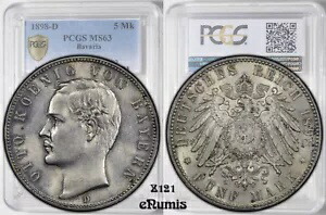 ドイツ、バイエルン、オットー、5 マーク 1898、より良い日付、PCGS MS 63
