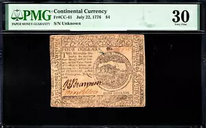 大陸通貨 Fr#CC-41 1776 年 7 月 22 日 $4 PMG 30 *希少発行*