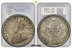 インド、ジョージ 5 世、2 アンナス 1911、カルカッタ、ブタ型、PCGS MS 62
