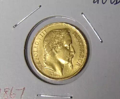 1867-BB ゴールド 20 フラン フランス ナポレオン 3 世 AU コンディション 0.1867 オンス AGW 234,850円