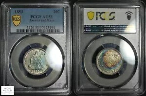 1853 アローズ & レイズ シーテッド リバティ シルバー クォーター 25C レインボートーン PCGS AU 53