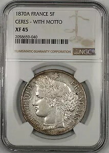1870A セレス モットーフランス 5F フラン銀貨 NGC XF-45｜WORLD RESOURCE【KING店】