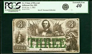 1862 - ミズーリ州ジェファーソンシティ - ミズーリ州 $3 - PCGS 40 - EX エリック ニューマン コレクション｜WORLD RESOURCE【KING店】