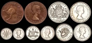 オーストラリア 1956 QEII メルボルン プルーフ セット 1d、3d、6d、1/-、2/-。 FDC-FDC。