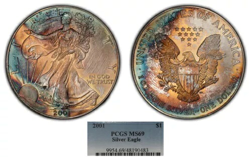 2001 1 オンス シルバー アメリカン イーグル - PQ モンスター レインボー トーニング - PCGS MS 69 - E2980｜WORLD RESOURCE【KING店】