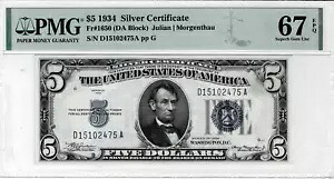 1934 $5 シルバー証明書-fr.1650 (DA ブロック) PMG Superb GEM 67 EPQ-Only 5 Finer