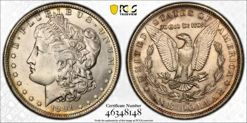 1891-O モーガン $、PCGS MS 63、派手な光沢、滑らかな表面、エンドロール回転。調子を整える