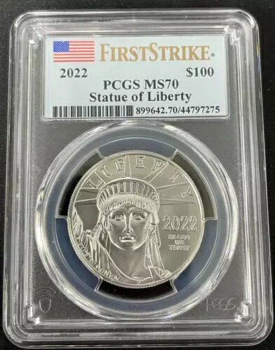 2022 1 オンス プラチナ $100 自由の女神 PCGS MS70 ファースト ストライク