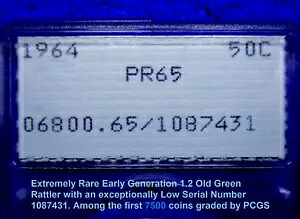 1964 KENNEDY HALF PF65 初期世代 1.2 低シリアル #1087431 ペールグリーン ラトラー PCGS