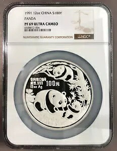 中国 1991 S100Y 12 オンス シルバー プルーフ パンダ - NGC PF69UC SN:6508812-006