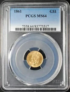 1861 $1 タイプ 3 ゴールド ダラー、PCGS MS64