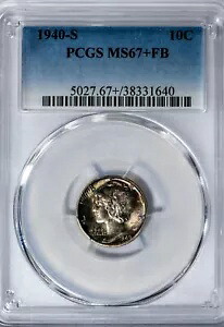 1940-S マーキュリー ダイム PCGS MS67+FB 素晴らしい逸品、フルバンド、カラフルな調色！