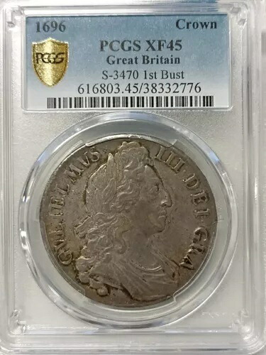 1696年 イングランド 英国 ウィリアム3世 クラウン 5シリング PCGS XF45 S 3470 最初の胸像