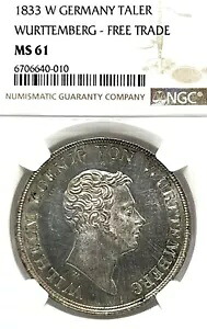 ドイツ諸州ヴュルテンベルク 1833 W Taler Coin Thaler NGC MS 61 VZ/F.STG FREE TRADE