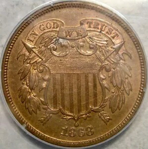1868 年 2 セント ピース ゴージャス トーニング リパンチ 日付 *PCGS PF 64 RB* レア 600 ストラック