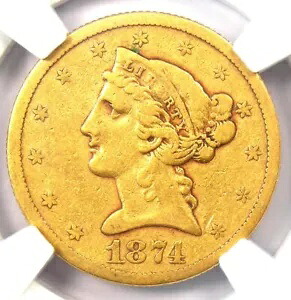 1874-S リバティ ゴールド ハーフ イーグル $5 コイン - 認定 NGC VF35 - 希少な日付!