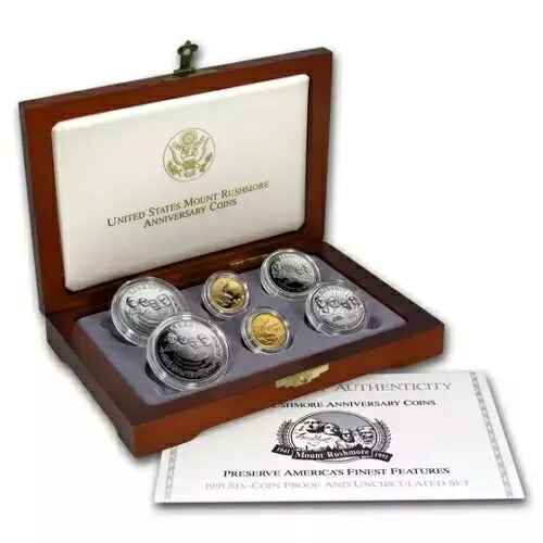 1991 6-Coin Commem Mount Rushmore セット BU & プルーフ (ボックス & COA 付き)