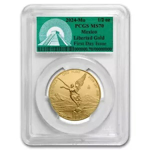 2024年 メキシコ 1/2オンス ゴールド リベルタード MS-70 PCGS (FDI、グリーンラベル)