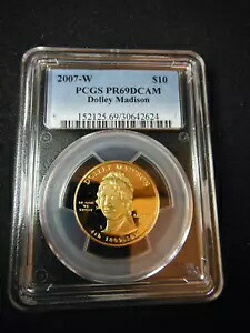 2007-W $10 ドリー マディソン プルーフ 1/2 オンス ゴールド コイン、PCGS PR69 DCAM 美しいコイン