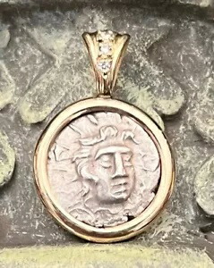 本物の古代ギリシャコイン 166-80BC ヘリオス太陽神ローズローズ 14K ダイヤモンド画像