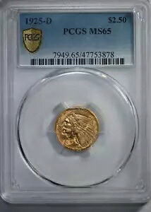 1925-D インディアン ヘッド ゴールド クォーター イーグル $2.50 PCGS MS65｜WORLD RESOURCE【KING店】