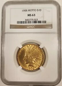1908-P $10 インディアン ヘッド 金貨 モットー NGC MS63|WORLD RESOURCE【KING店】