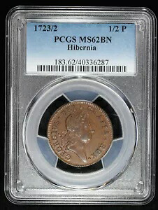1723 /2 ハイバーニア ハーフ ペニー 1/2p コロニアル銅貨 PCGS MS62 BN 1723/2|WORLD RESOURCE【KING店】
