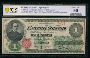 AC Fr 16 1862 $1 法定通貨 PCGS 50 素敵なタイプ !!!