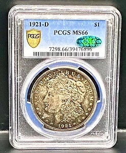 1921-D モーガン シルバー ダラー PCGS MS66 CAC レインボー トーン コイン