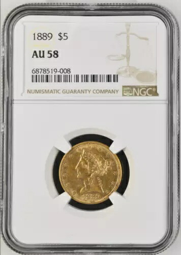 1889 NGC AU58 Mintage 7520- 1878 年で 2 番目に安い - 今日の $5 ハーフイーグル! $2,500 PCGS PG画像