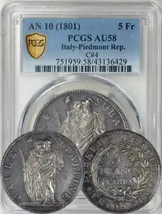 イタリア - ピエモンテ共和国 AN10 (1801) 5 フラン PCGS により AU-58 として格付けされました。レア!|WORLD RESOURCE【KING店】
