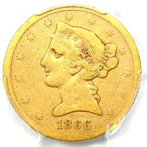1866-S リバティ ゴールド ハーフ イーグル $5 モットー - 認定 PCGS VG10 - $2,500 相当|WORLD RESOURCE【KING店】