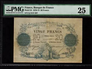 フランス:P-55,20 フラン,1873 * レアタイプ * PMG VF 25 *|WORLD RESOURCE【KING店】